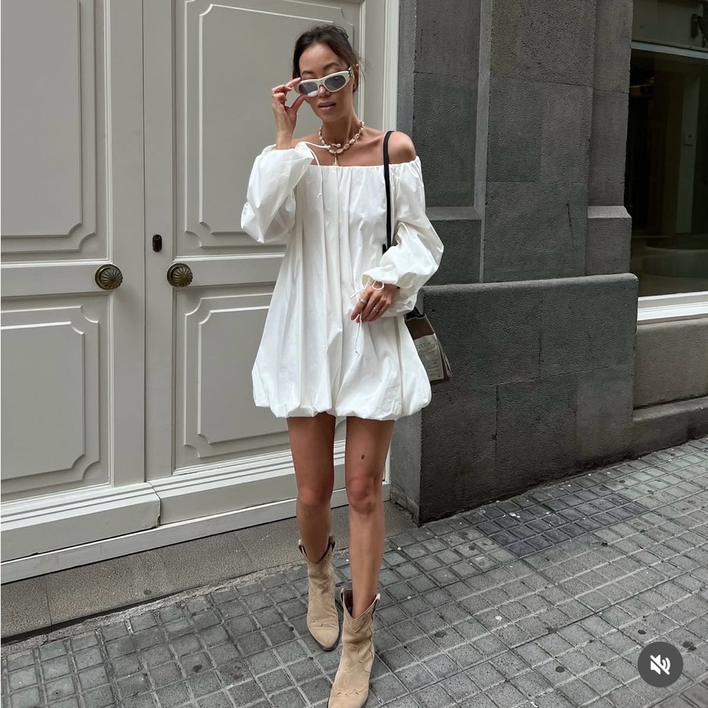 Zara White Off-Shoulder Bubble Mini Dress